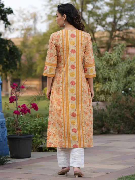 Women Yellow Ethnic Printed Straight Kurta
