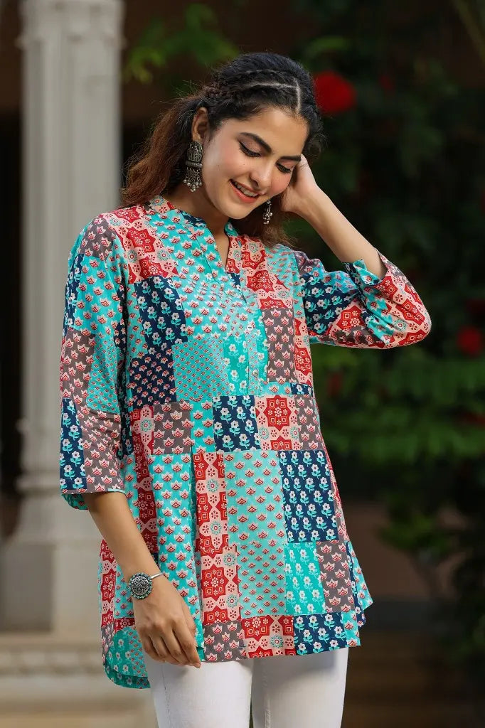 Blue Patch Printed A-line Top