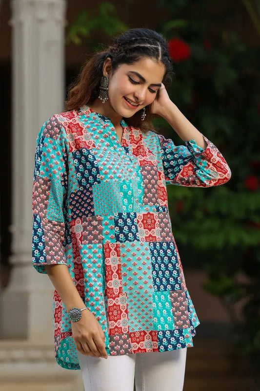 Blue Patch Printed A-line Top