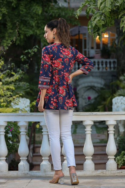 Red Floral Printed Empire Cotton Tops