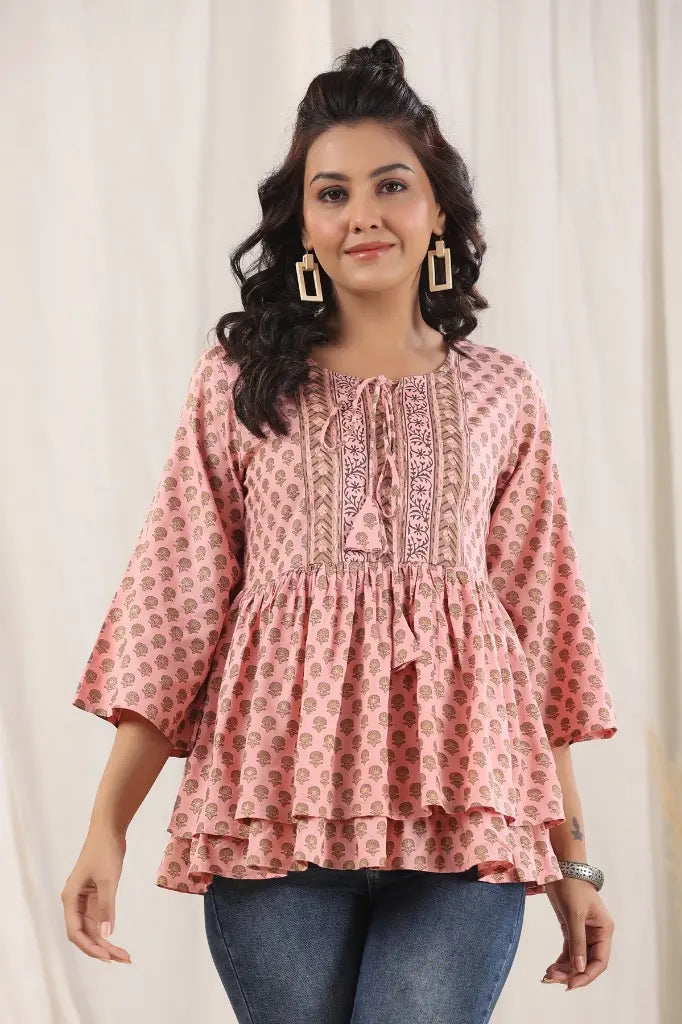 Ethnic Tie-Up Neck Peplum Top