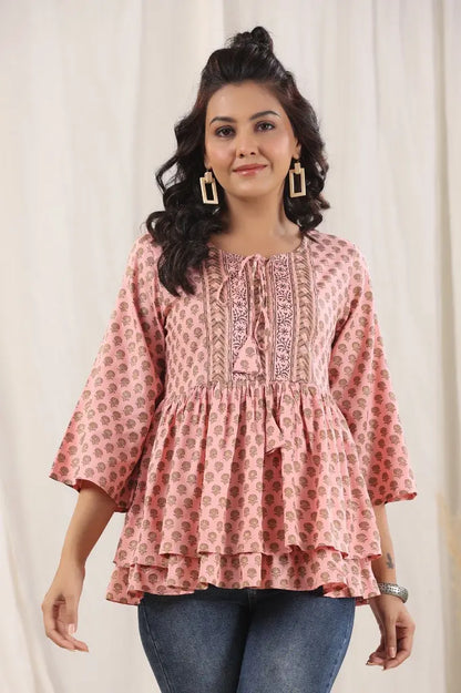 Ethnic Tie-Up Neck Peplum Top