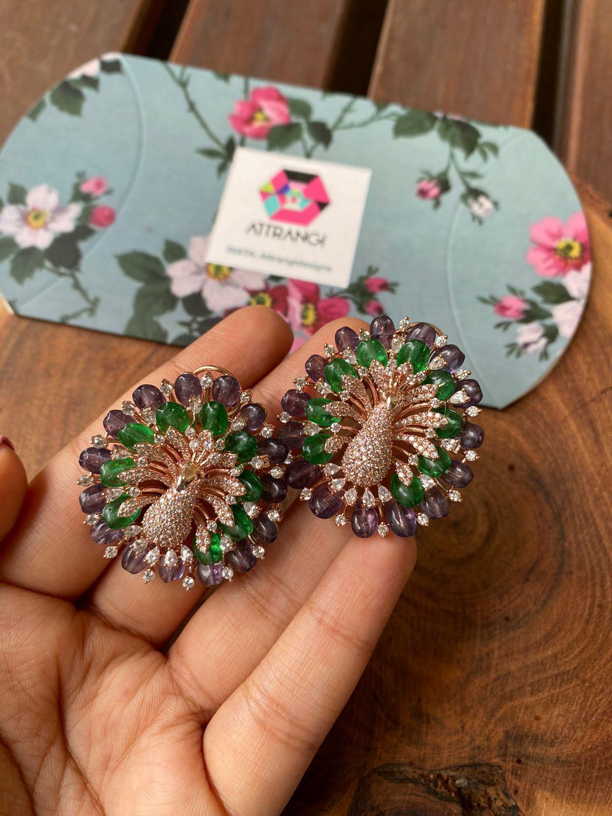 Dancing Peacock Beaded Oversized Diamond Studs | LaLa Land Collection - Attrangi