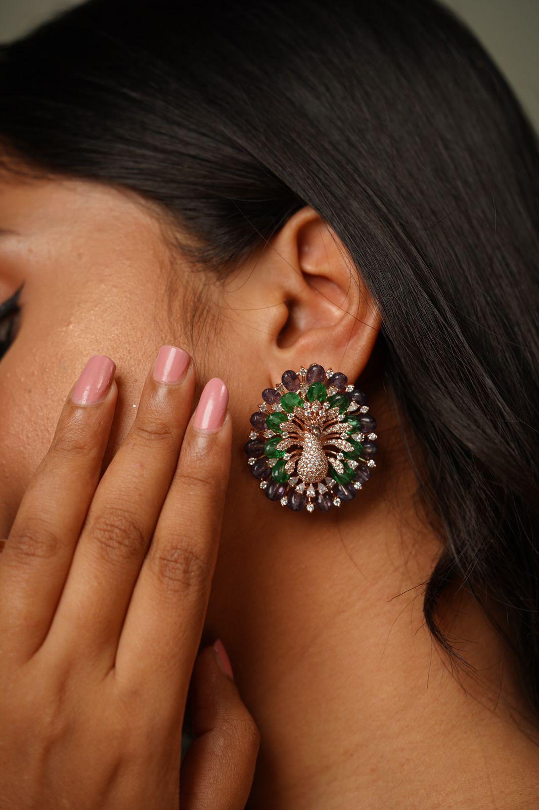 Dancing Peacock Beaded Oversized Diamond Studs | LaLa Land Collection - Attrangi