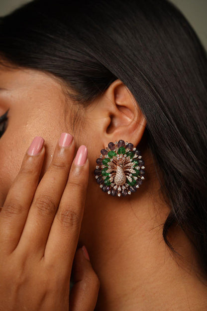 Dancing Peacock Beaded Oversized Diamond Studs | LaLa Land Collection - Attrangi