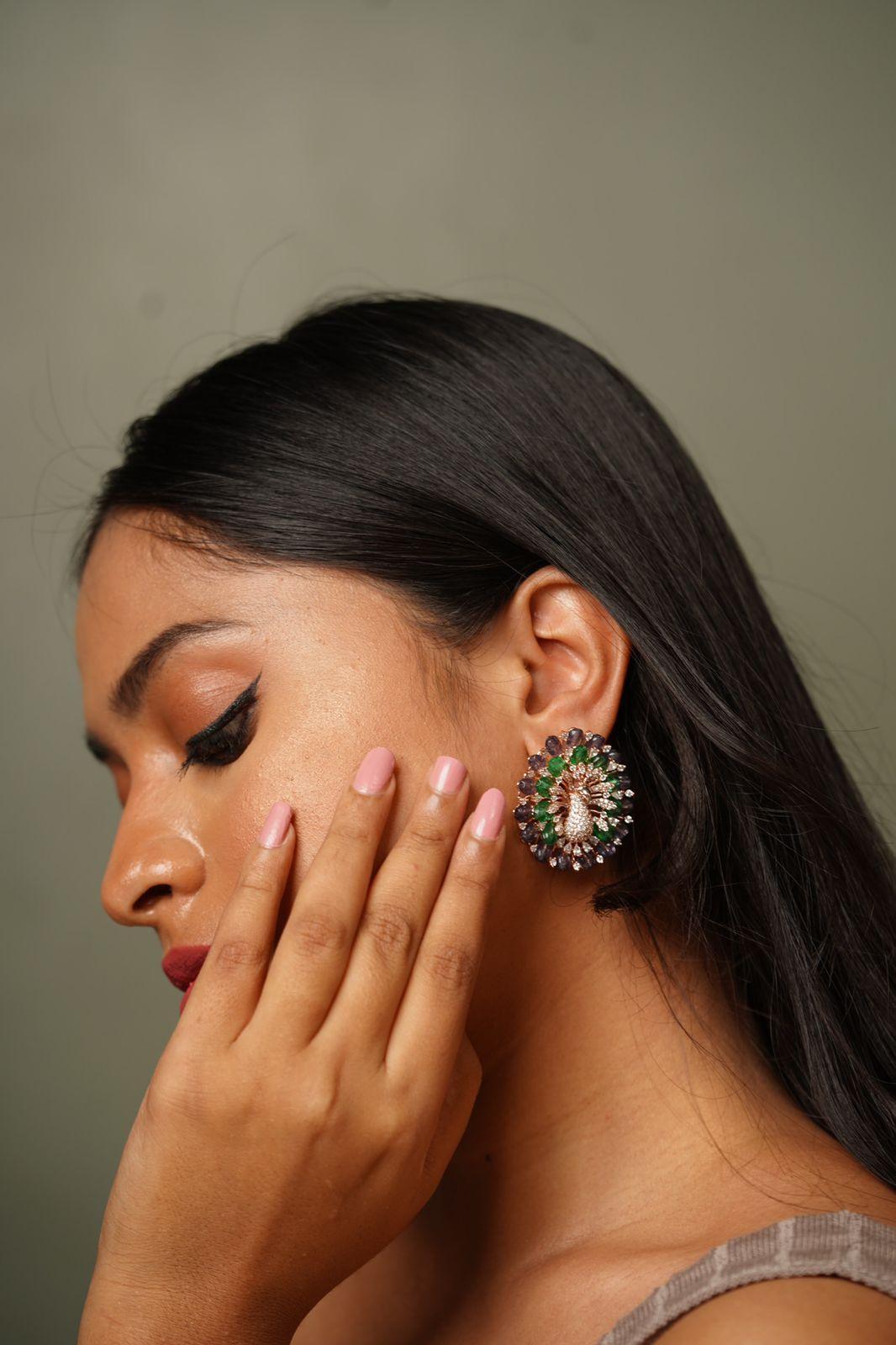 Dancing Peacock Beaded Oversized Diamond Studs | LaLa Land Collection - Attrangi