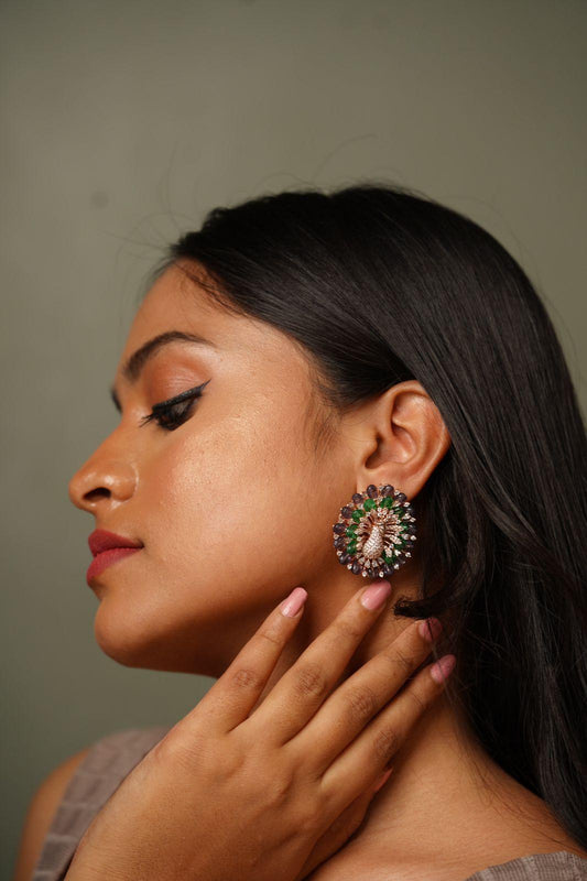 Dancing Peacock Beaded Oversized Diamond Studs | LaLa Land Collection - Attrangi