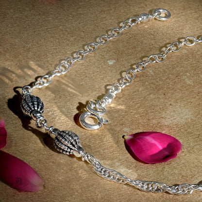 Ribbed Bead Chain Silver Anklet