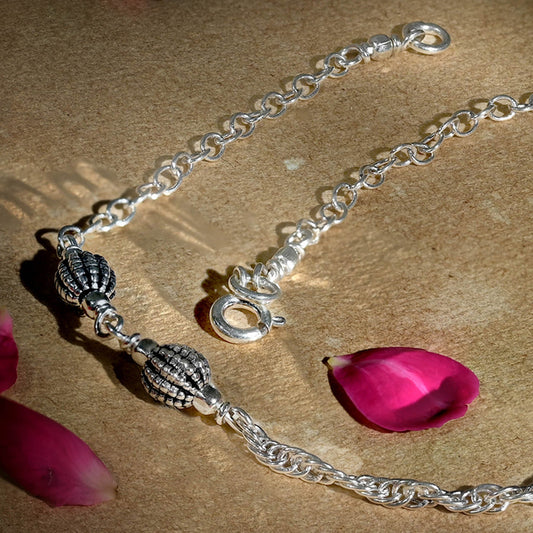 Ribbed Bead Chain Silver Anklet