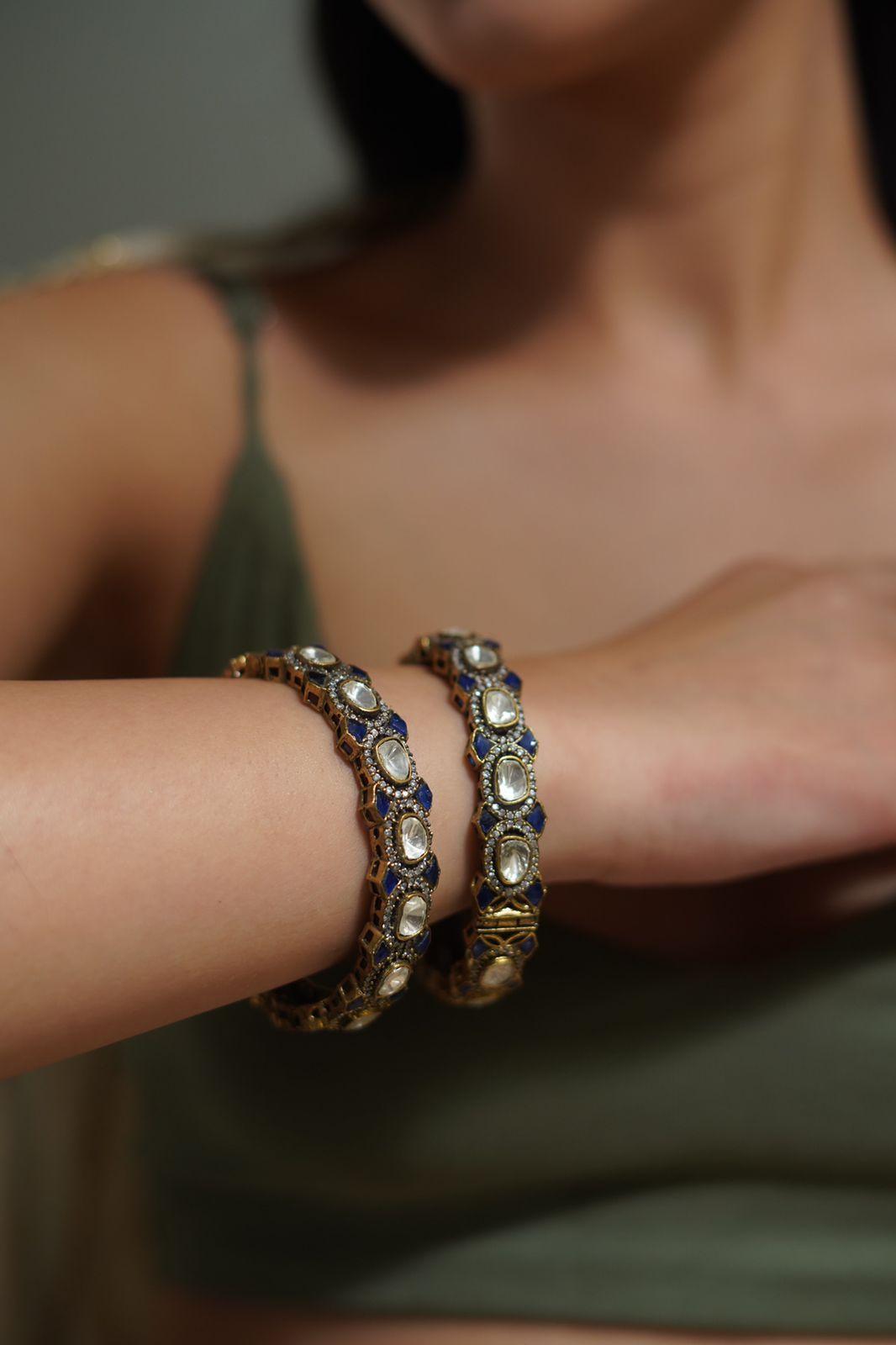 Dhara Antique Gold Moissanite Bangle With Meenakari Work - Attrangi