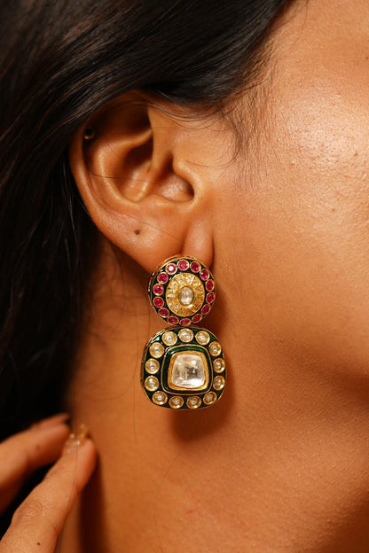 Dharni Meenakari Ruby emerald Mid Sized Indian earring - Attrangi