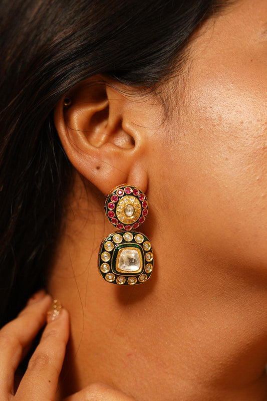 Dharni Meenakari Ruby emerald Mid Sized Indian earring - Attrangi