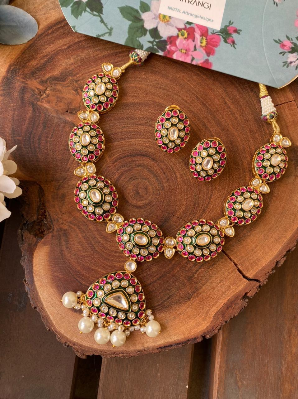 Dharni Meenakari Ruby Emerald Mid Sized Polki Set - Attrangi