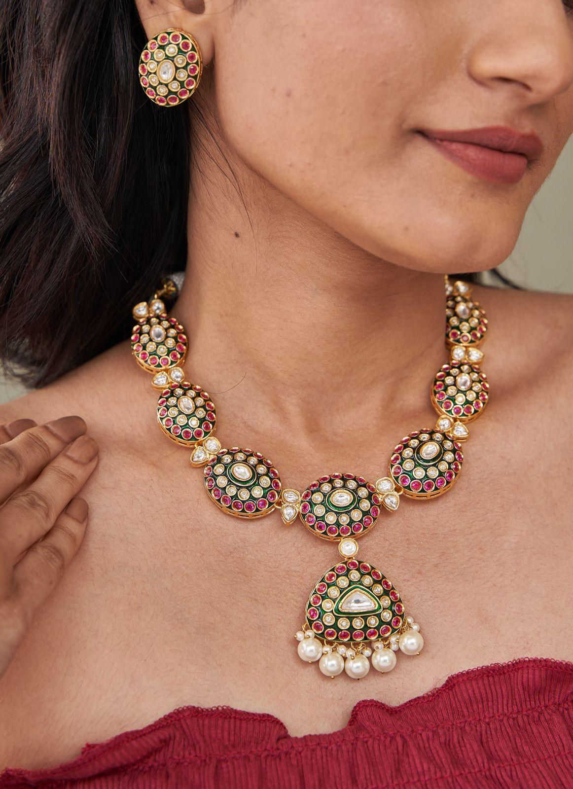 Dharni Meenakari Ruby Emerald Mid Sized Polki Set - Attrangi