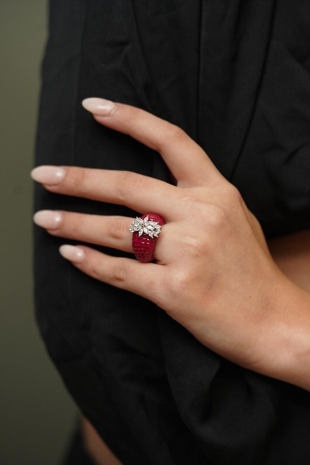 Diana Band Ring with Diamond Floral Motif - Attrangi