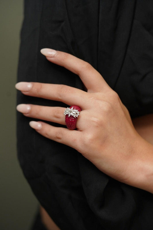 Diana Band Ring with Diamond Floral Motif - Attrangi