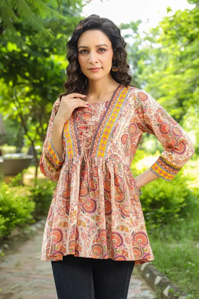 Women Beige Ethnic Cotton Empire Top