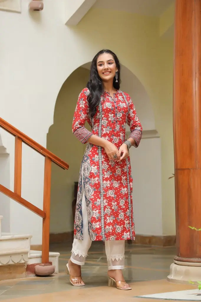 Floral Printed Cotton Straight Kurta