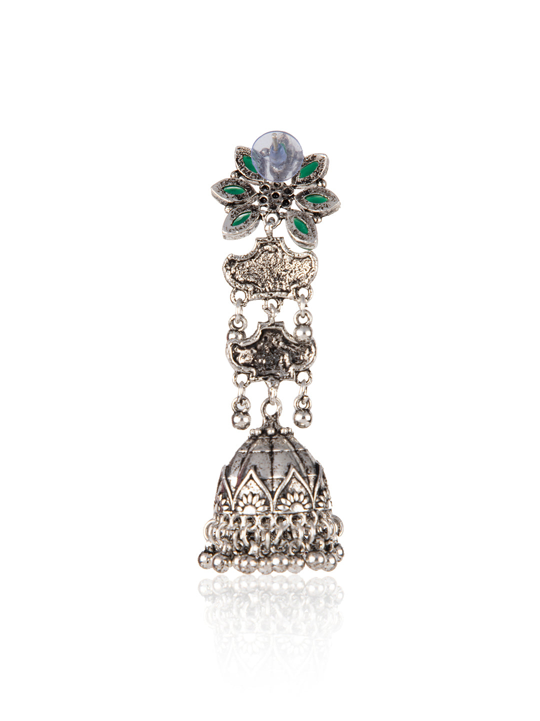 Priyaasi Oxidised Green Stone Studded Floral Jhumka Earrings