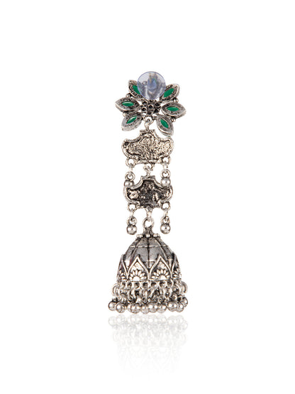 Priyaasi Oxidised Green Stone Studded Floral Jhumka Earrings