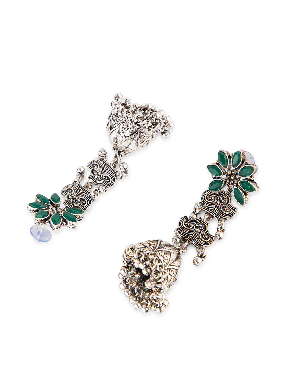 Priyaasi Oxidised Green Stone Studded Floral Jhumka Earrings
