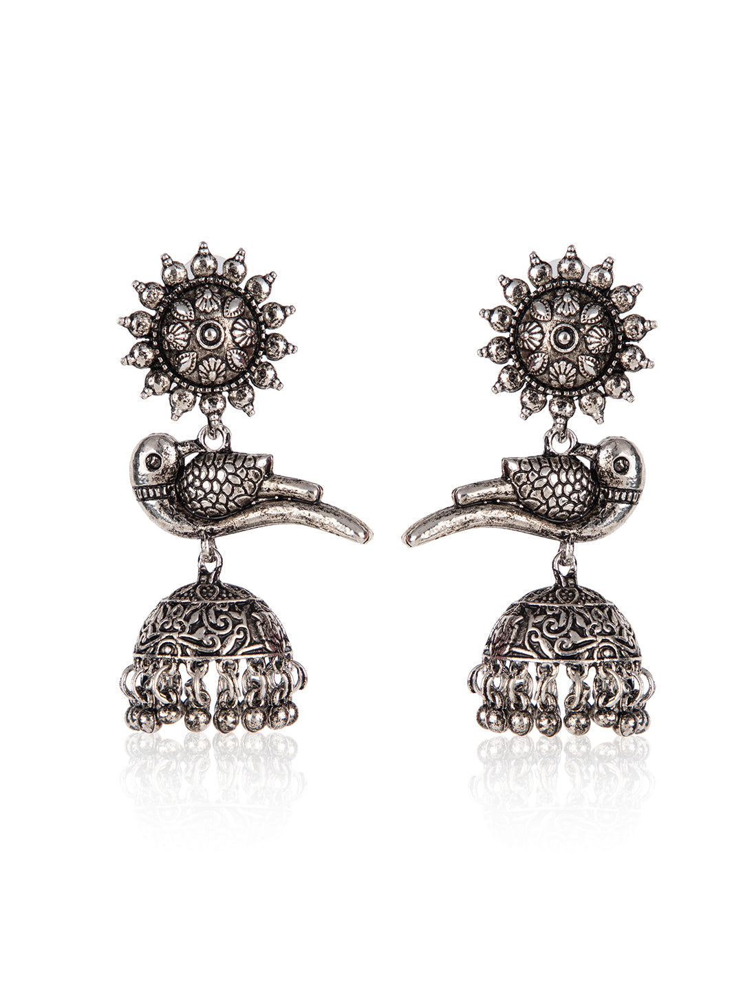 Priyaasi Oxidised Peacock Silver Plated Jhumka Earrings