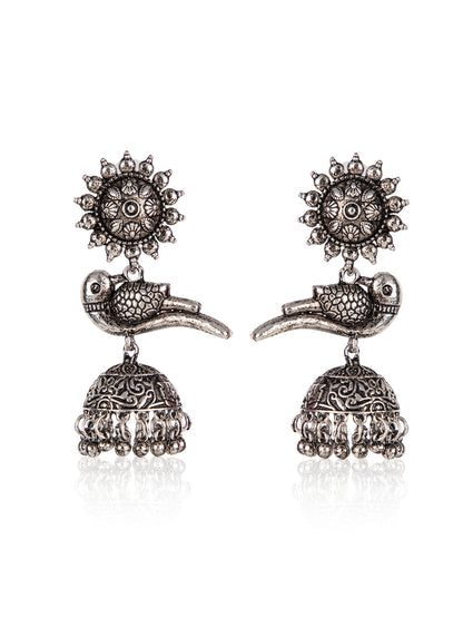 Priyaasi Oxidised Peacock Silver Plated Jhumka Earrings