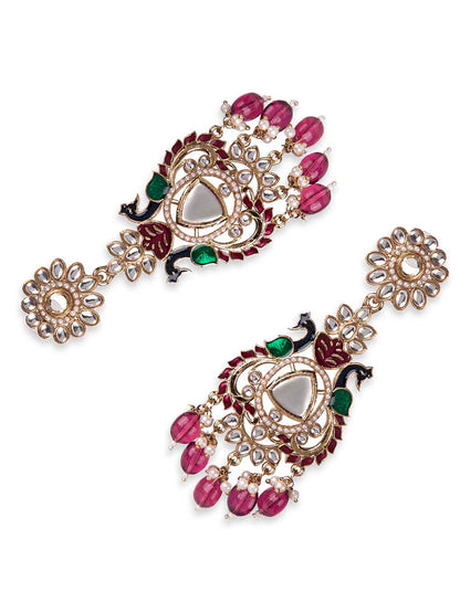 Priyaasi Green Stone Studded Gold Plated Kundan Drop Earrings