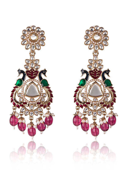 Priyaasi Green Stone Studded Gold Plated Kundan Drop Earrings