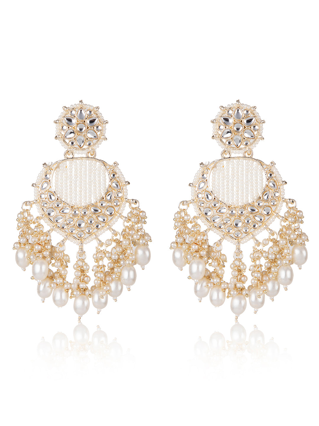 Priyaasi White Beaded Gold Plated Floral Kundan Drop Earrings