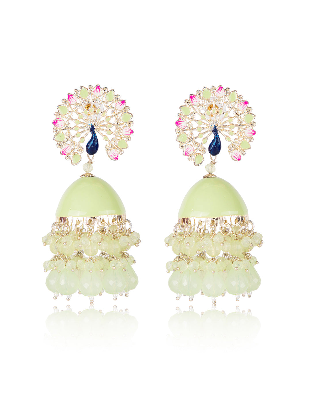 Priyaasi Green Crystal Peacock Shaped Meenakari Jhumka Earrings