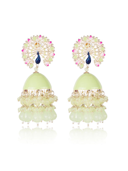 Priyaasi Green Crystal Peacock Shaped Meenakari Jhumka Earrings