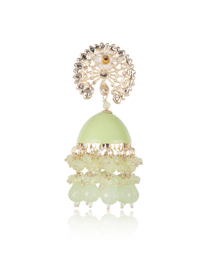 Priyaasi Green Crystal Peacock Shaped Meenakari Jhumka Earrings