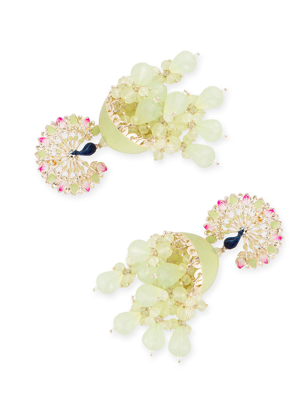 Priyaasi Green Crystal Peacock Shaped Meenakari Jhumka Earrings