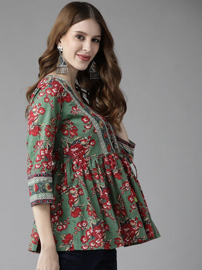 Women Green Floral Printed Empire Cotton Top
