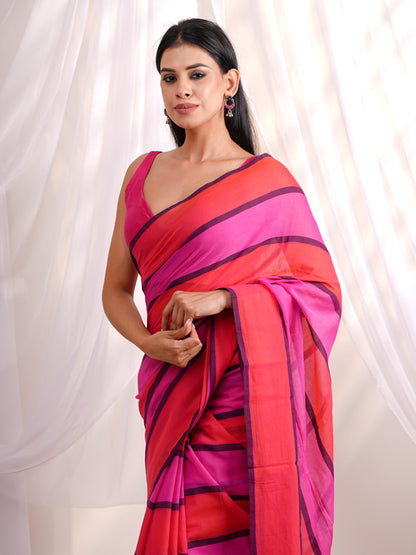 Mul Cotton Saree Gulmohar Stripes