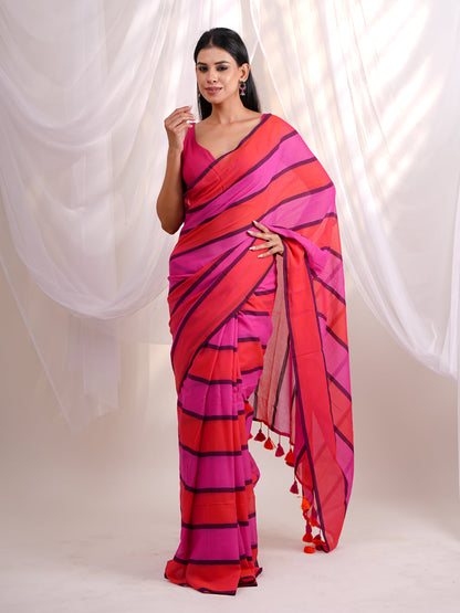Mul Cotton Saree Gulmohar Stripes