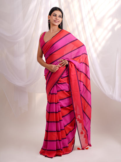 Mul Cotton Saree Gulmohar Stripes