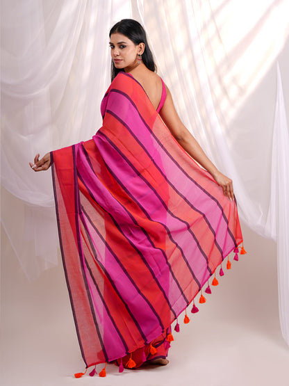 Mul Cotton Saree Gulmohar Stripes