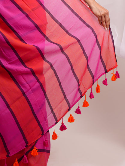 Mul Cotton Saree Gulmohar Stripes