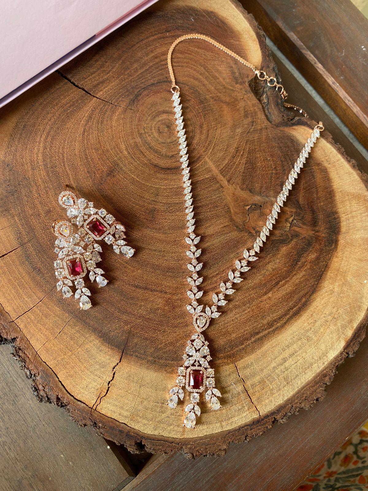 Emily In Rose Gold Diamond Necklace Set - Attrangi