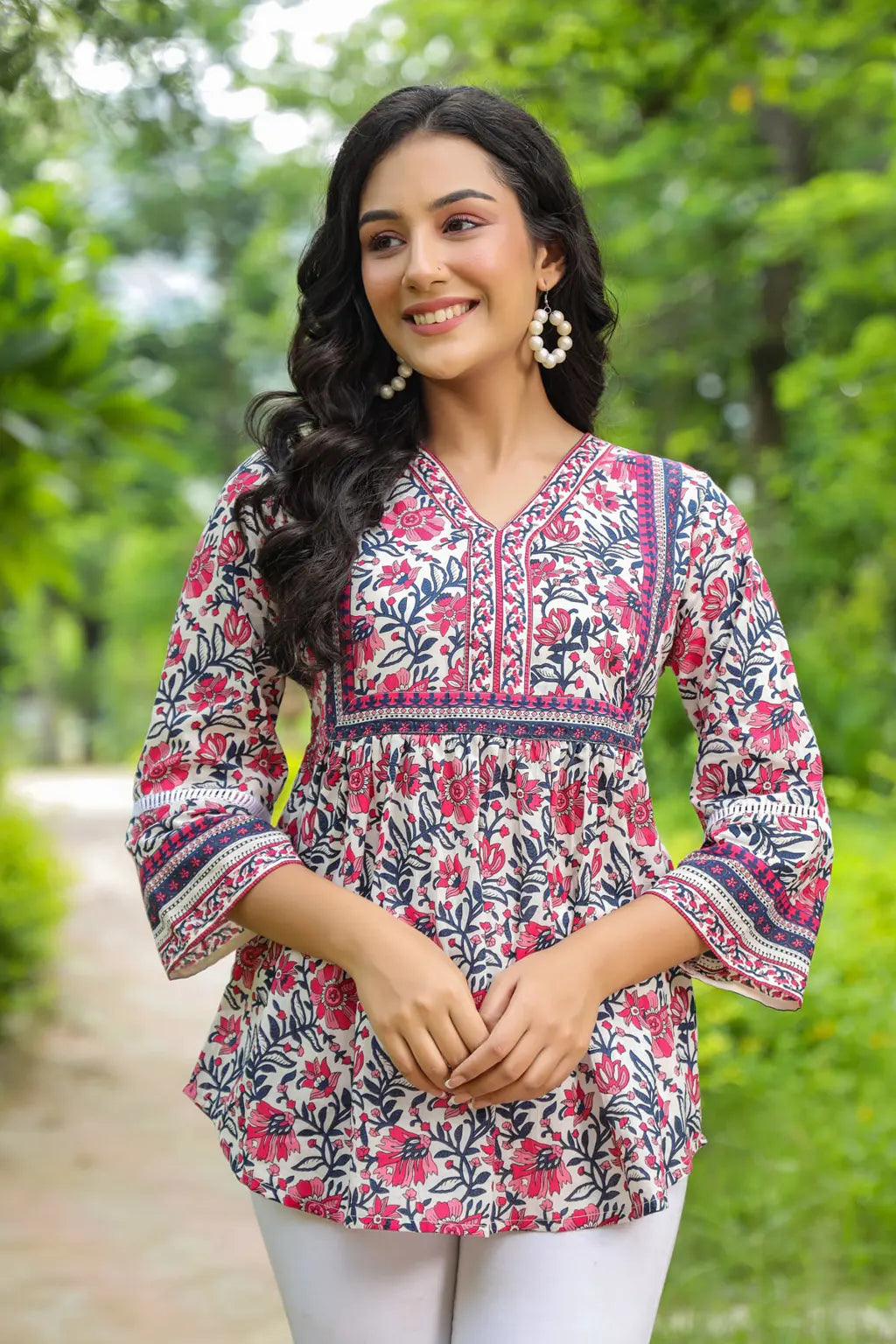 Women Pink Floral Print Cotton Empire Top
