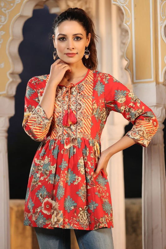 Women Red Floral Cotton A Line Peplum Top