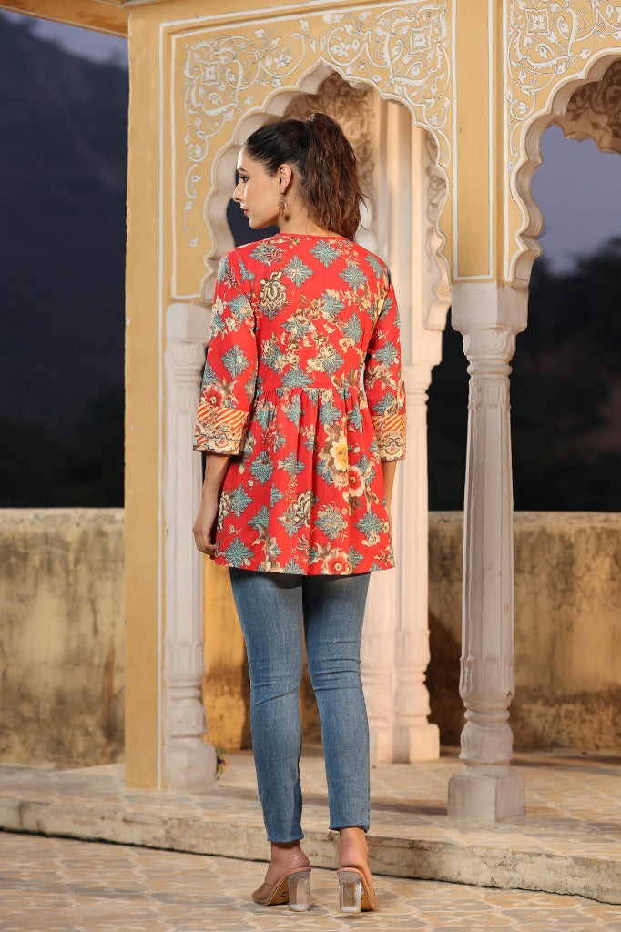 Women Red Floral A Line Peplum Top