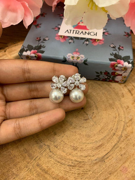 Flower Pearl Drop Diamond Stud - Attrangi