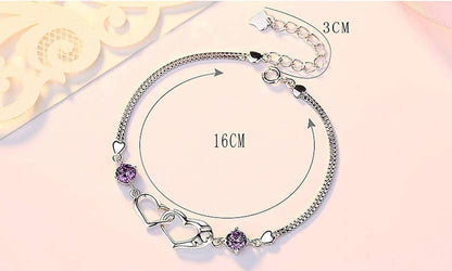 Double Heart Purple CZ Charm Bracelet