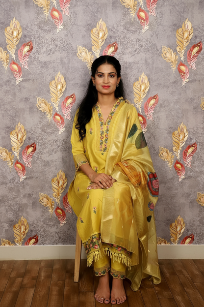 Yellow Kurti With Digital Floral Printed Dupatta For Women & Girls