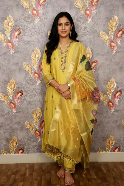 Yellow Kurti With Digital Floral Printed Dupatta For Women & Girls