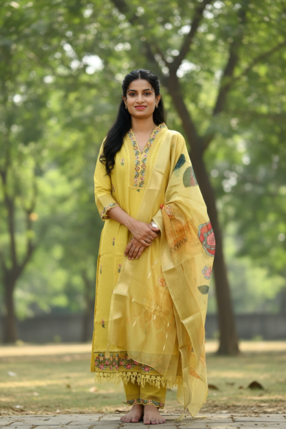 Yellow Kurti With Digital Floral Printed Dupatta For Women & Girls