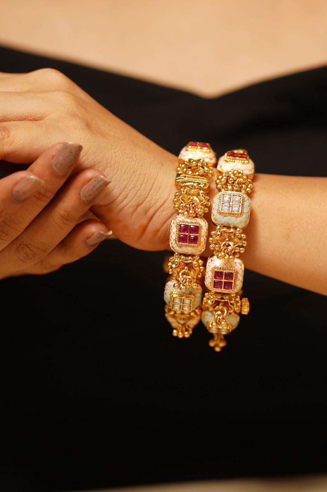 Hazeera Meenakari Gold Polki Bangle Set - Attrangi